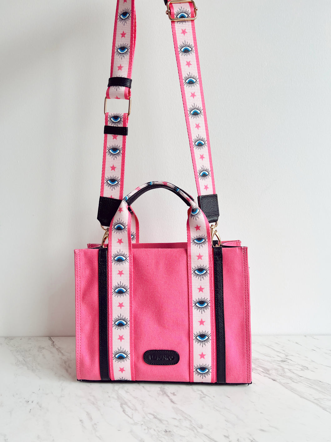 Lefranco Tote Bag CHICA rosa con cinta ojitos rosa